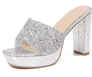 Women's Sexy Platform Chunky Heel Mules Glitter Square Open Toe Slip On Dressy High Heel Slide Sandals for Party