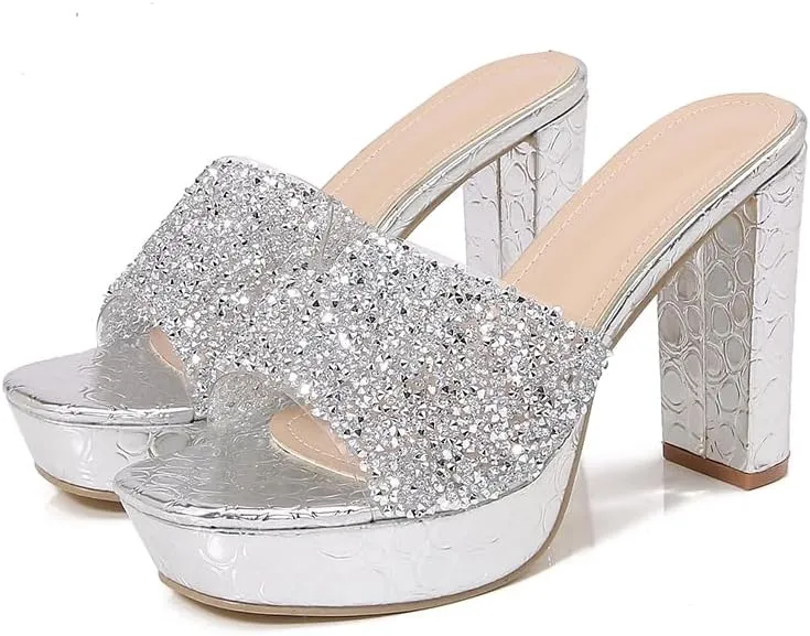 Women's Sexy Platform Chunky Heel Mules Glitter Square Open Toe Slip On Dressy High Heel Slide Sandals for Party