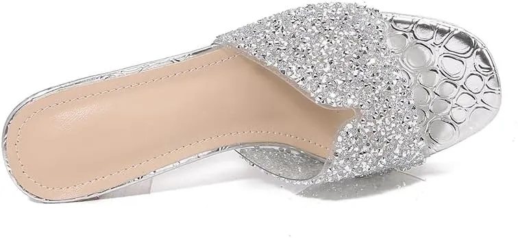 Women's Sexy Platform Chunky Heel Mules Glitter Square Open Toe Slip On Dressy High Heel Slide Sandals for Party