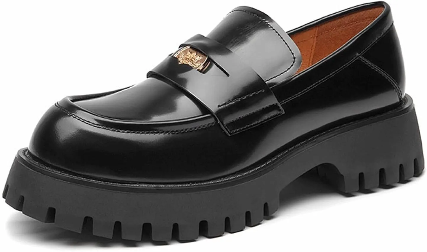 Womens Shoes Platform Casual Shoes Women's Pure Cow Leather Flat Shoes Round Toe Slip On Women's Thick Casual Shoes
