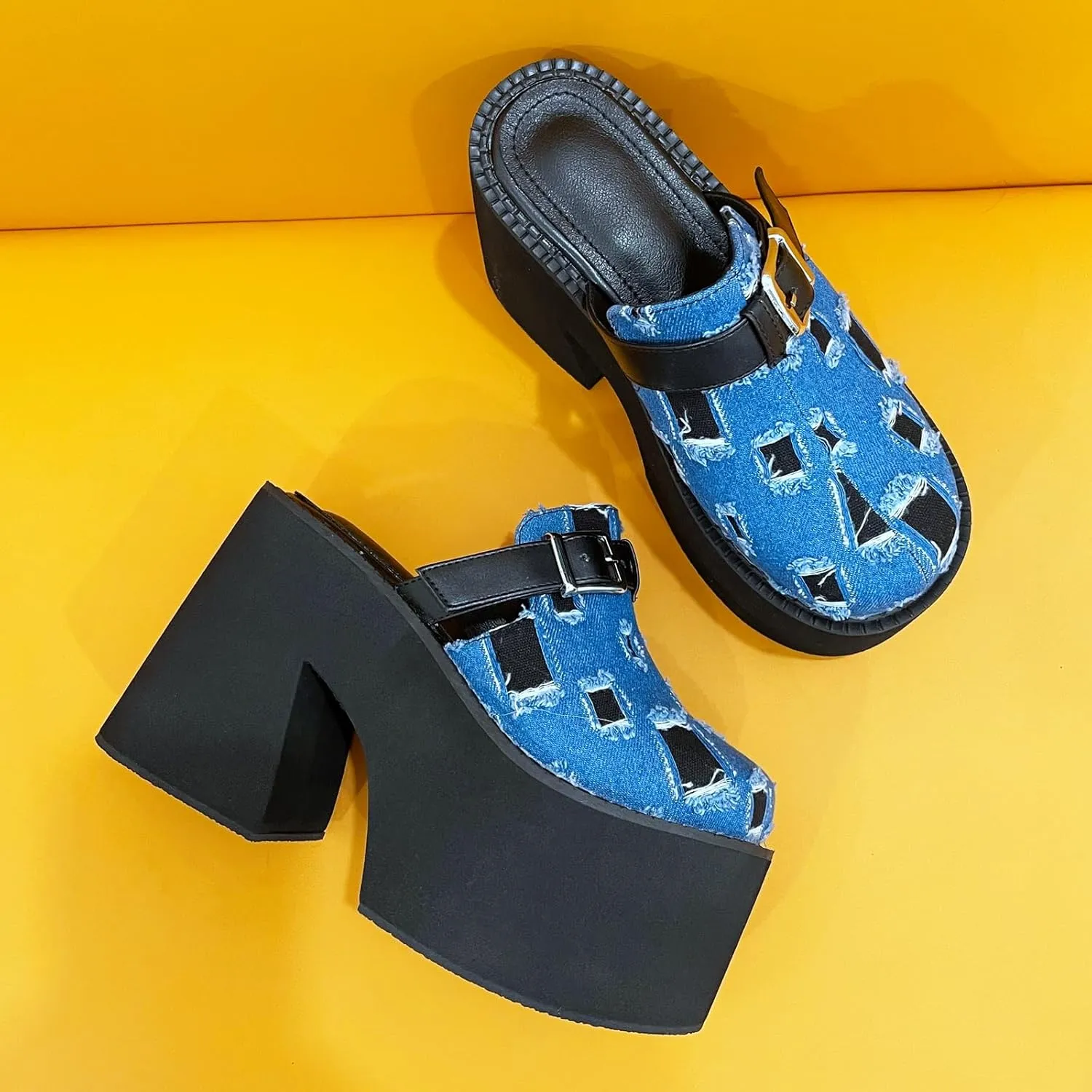 Women's Slip on Platform Mules, Closed Toe Slide Sandals, Chunky High Heel Slipper Mule Shoes
