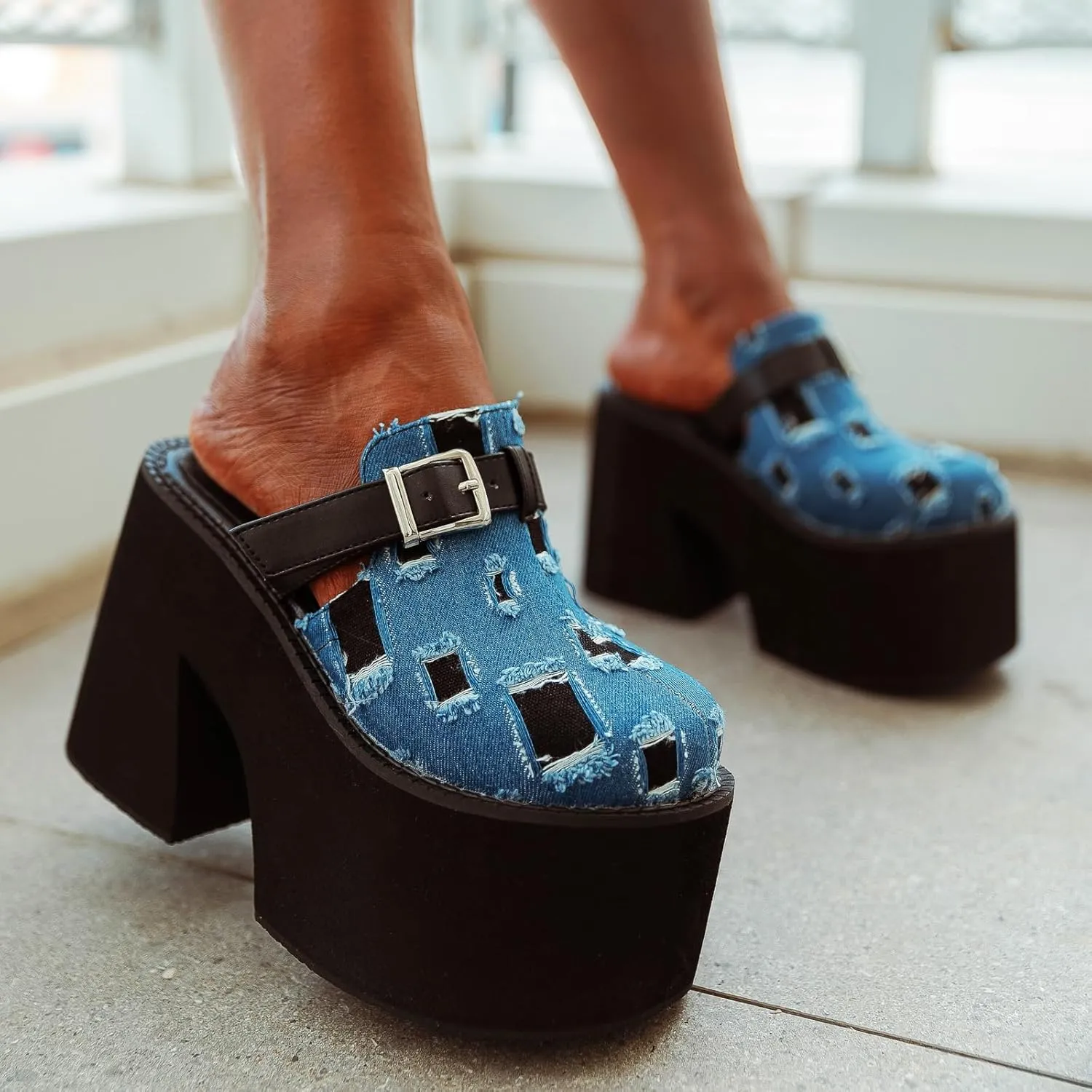 Women's Slip on Platform Mules, Closed Toe Slide Sandals, Chunky High Heel Slipper Mule Shoes