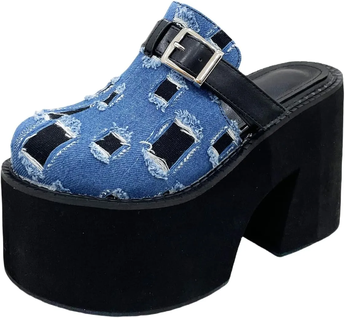 Women's Slip on Platform Mules, Closed Toe Slide Sandals, Chunky High Heel Slipper Mule Shoes