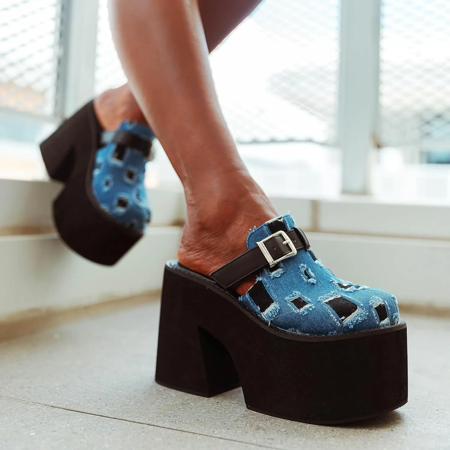 Women's Slip on Platform Mules, Closed Toe Slide Sandals, Chunky High Heel Slipper Mule Shoes