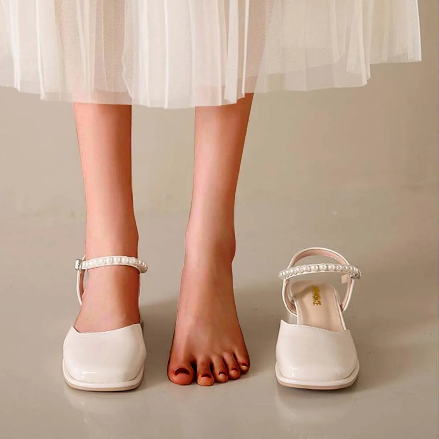 Womens Square Toe Mules Elegant Pearl Beaded Slip On Shoes Ankle Strap Chunky Heels Sandals Backless Loafer Shoes