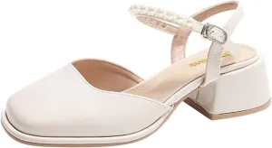 Womens Square Toe Mules Elegant Pearl Beaded Slip On Shoes Ankle Strap Chunky Heels Sandals Backless Loafer Shoes