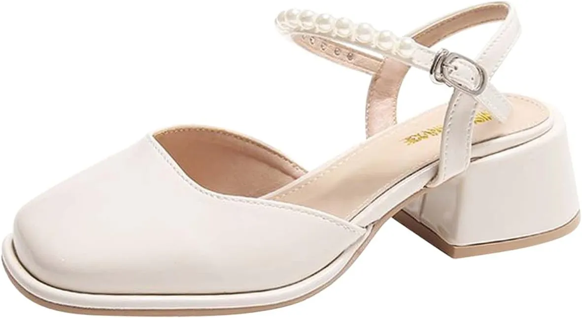 Womens Square Toe Mules Elegant Pearl Beaded Slip On Shoes Ankle Strap Chunky Heels Sandals Backless Loafer Shoes