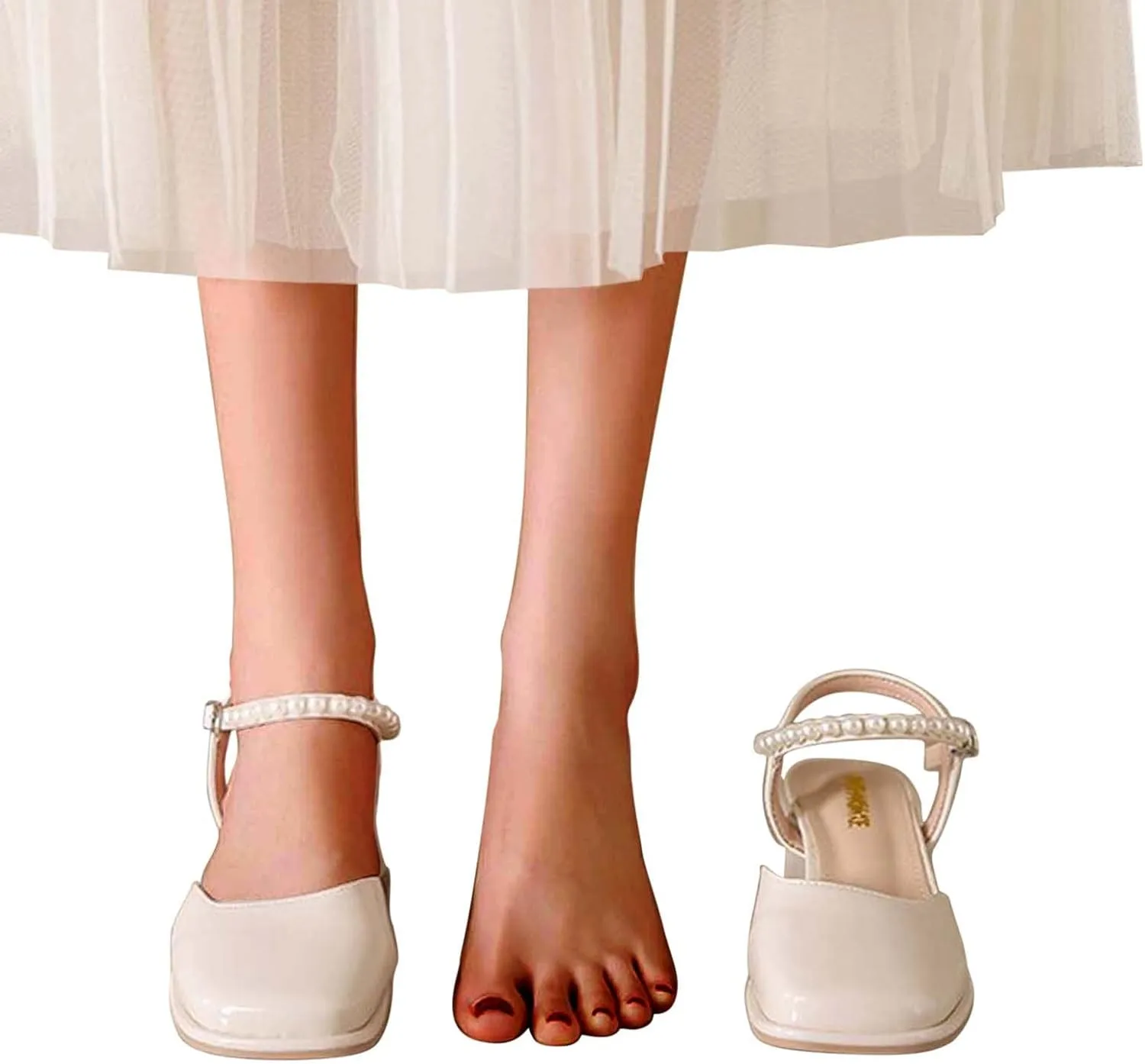 Womens Square Toe Mules Elegant Pearl Beaded Slip On Shoes Ankle Strap Chunky Heels Sandals Backless Loafer Shoes