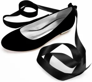 Women's Wedding Bridal Shoes Satin Flats Round Toe Wedding Bridal Party Dress Pumps Satin Closed Mouth Ribbon Ballerina Shoes