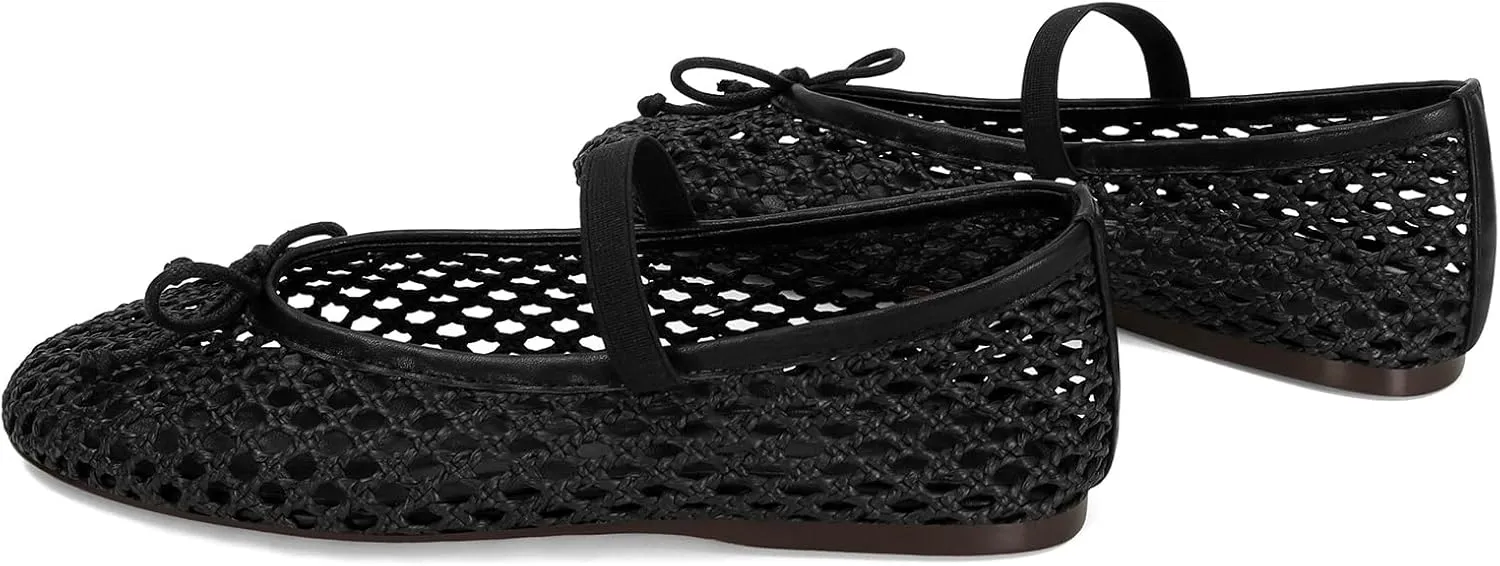 Woven Ballet Flats for Women Cute Raffia Mary Janes Bow Elastic Strap Summer Straw Comfortable Casual Dressy Shoes
