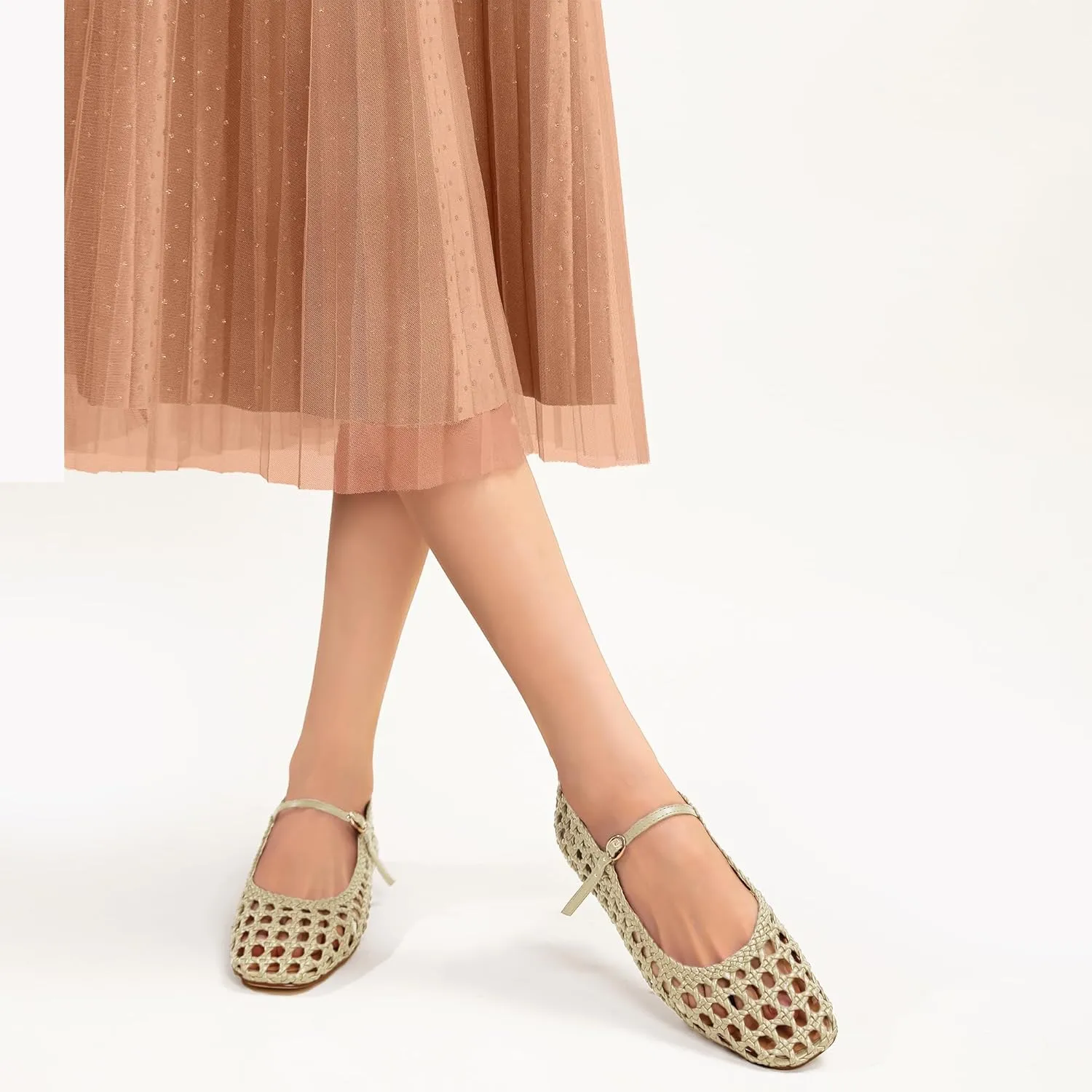 Woven Mesh Ballet Flats for Women with Metal Buckle Strap Ballerina Flat Shoes Comfortable Round Toe Mary Jane Flat.