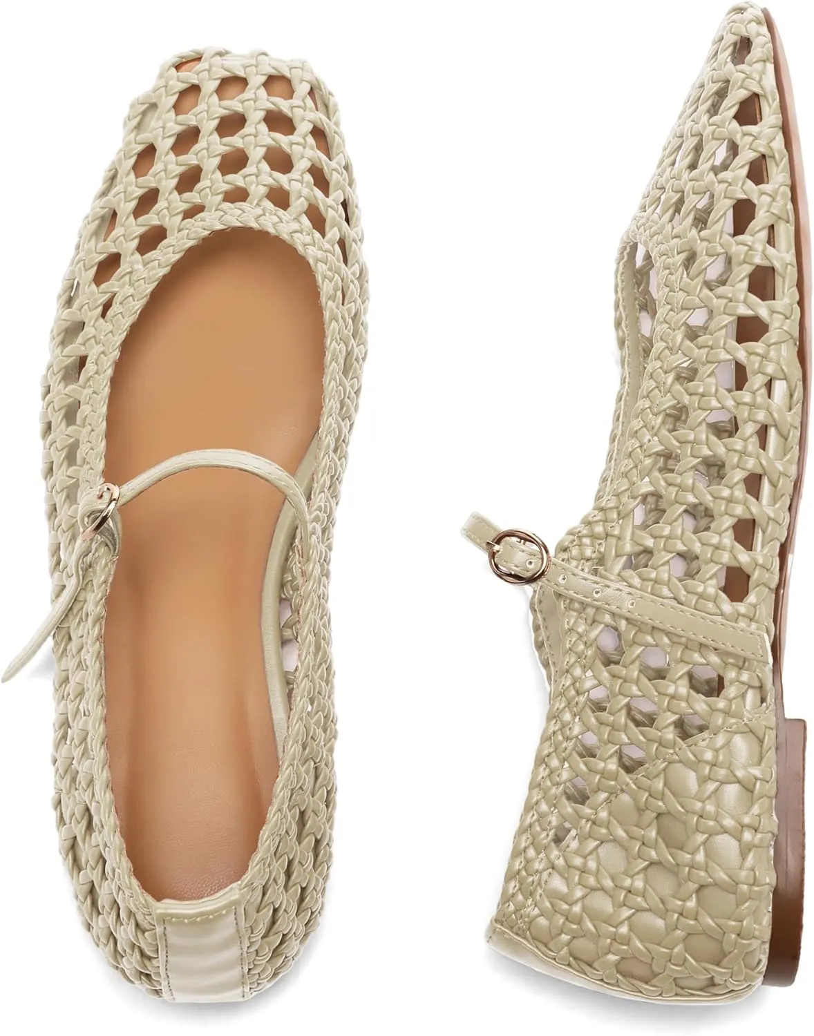 Woven Mesh Ballet Flats for Women with Metal Buckle Strap Ballerina Flat Shoes Comfortable Round Toe Mary Jane Flat.