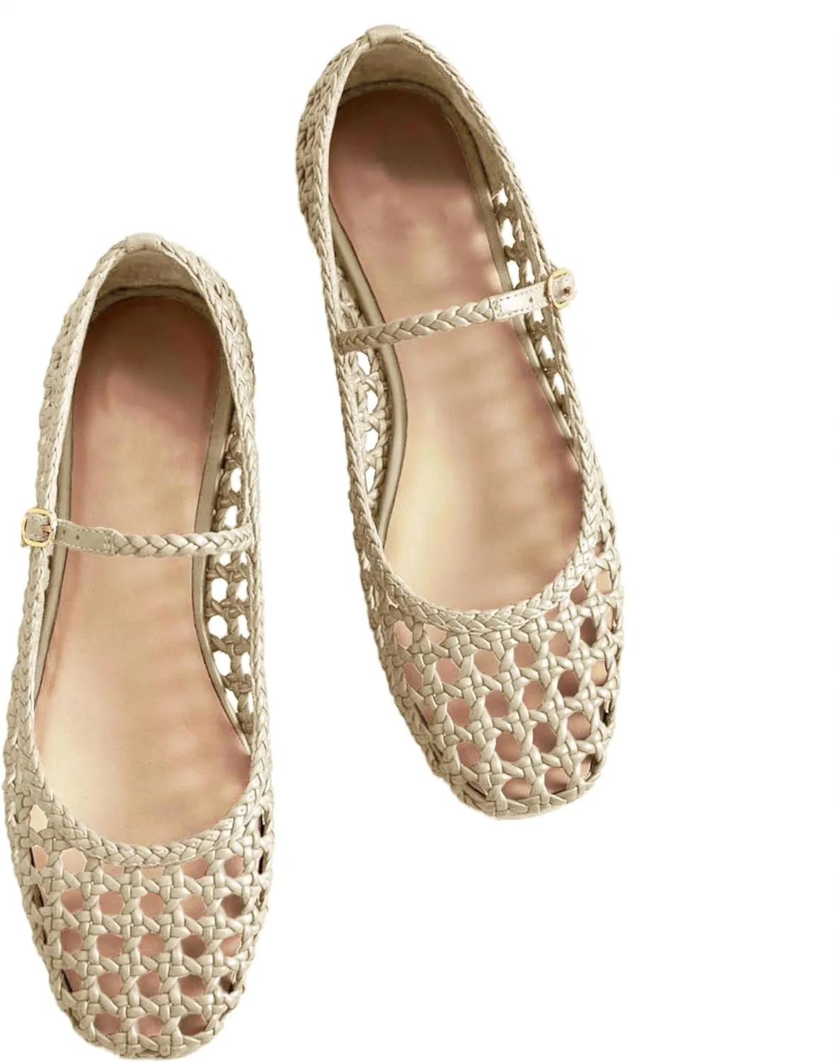 Woven Mesh Ballet Flats for Women with Metal Buckle Strap Ballerina Flat Shoes Comfortable Round Toe Mary Jane Flat.