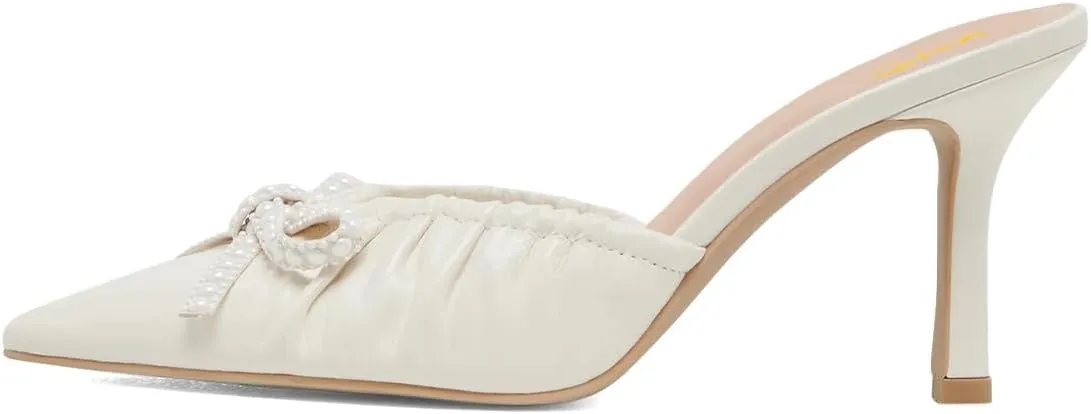 XYD Women Pearl Bowknot Pointed Toe Mid Heel Mules V-Cut Closed Toe Slip-on Sandal Pumps for Wedding Bridal Shoes