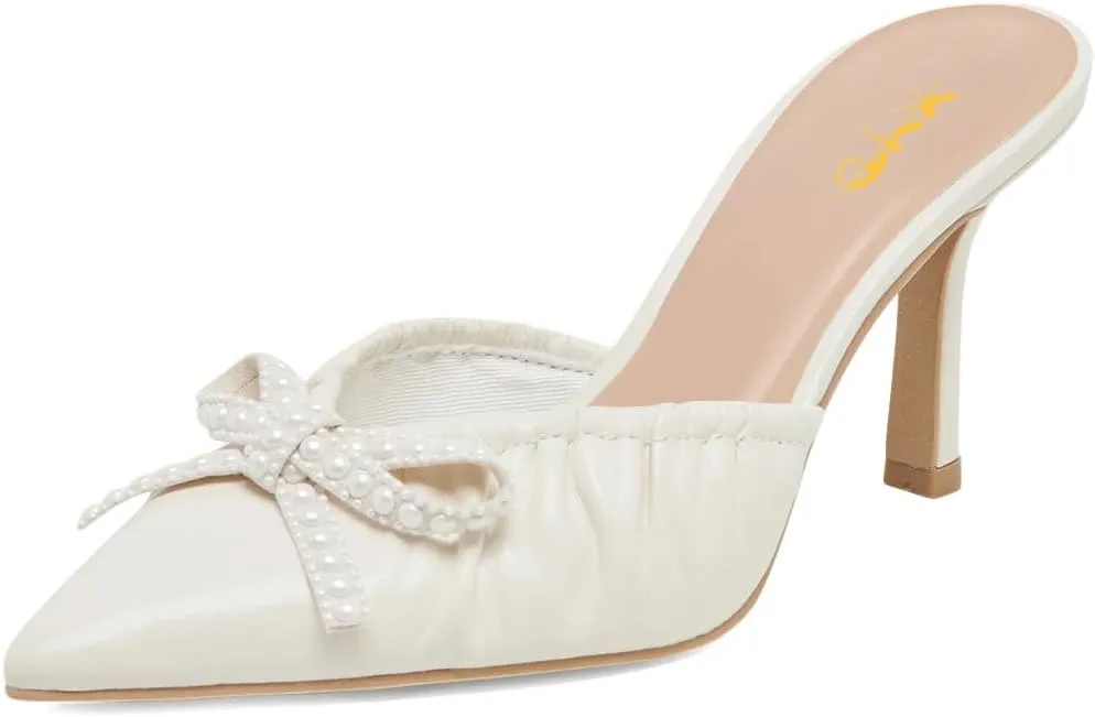 XYD Women Pearl Bowknot Pointed Toe Mid Heel Mules V-Cut Closed Toe Slip-on Sandal Pumps for Wedding Bridal Shoes