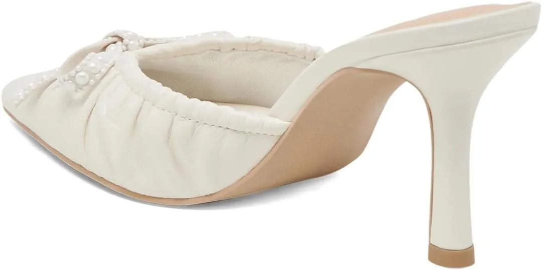 XYD Women Pearl Bowknot Pointed Toe Mid Heel Mules V-Cut Closed Toe Slip-on Sandal Pumps for Wedding Bridal Shoes
