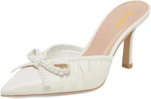 XYD Women Pearl Bowknot Pointed Toe Mid Heel Mules V-Cut Closed Toe Slip-on Sandal Pumps for Wedding Bridal Shoes