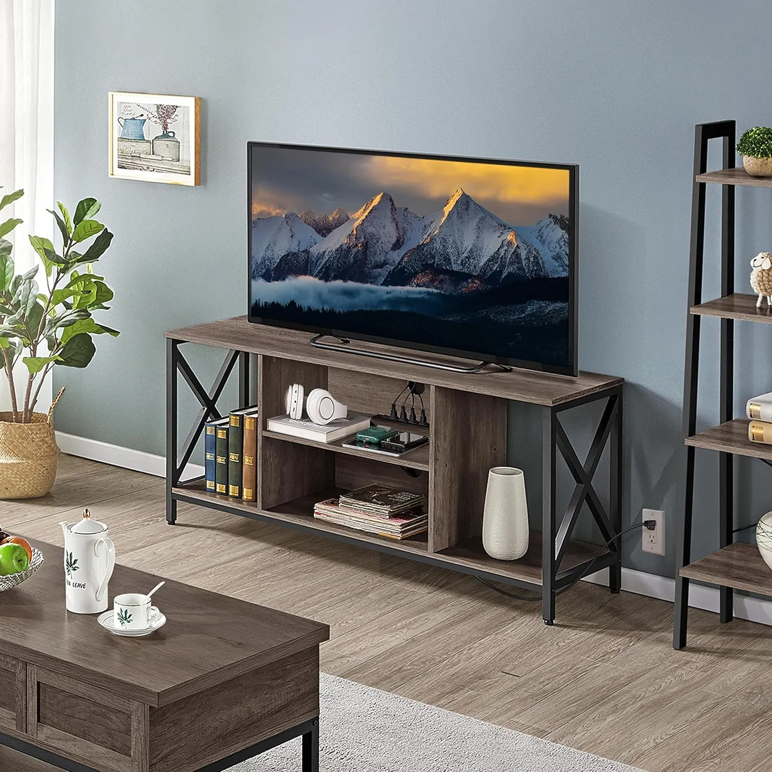 Yaheetech TV Stand for 65 Inch TV, Media Entertainment Center with Power Outlet for Living Room, Industrial TV Console with Side Shelves for PS Storage, Taupe Wood