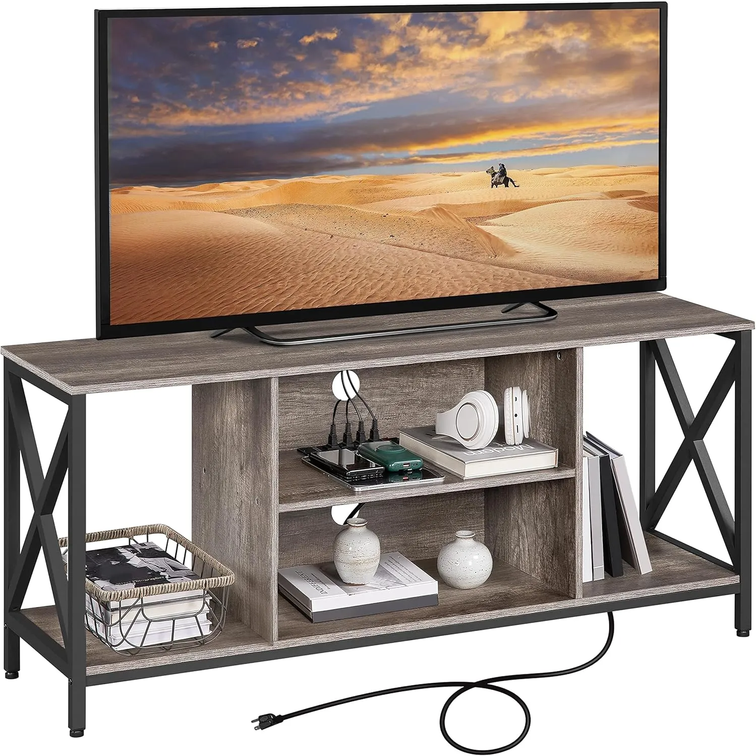 Yaheetech TV Stand for 65 Inch TV, Media Entertainment Center with Power Outlet for Living Room, Industrial TV Console with Side Shelves for PS Storage, Taupe Wood