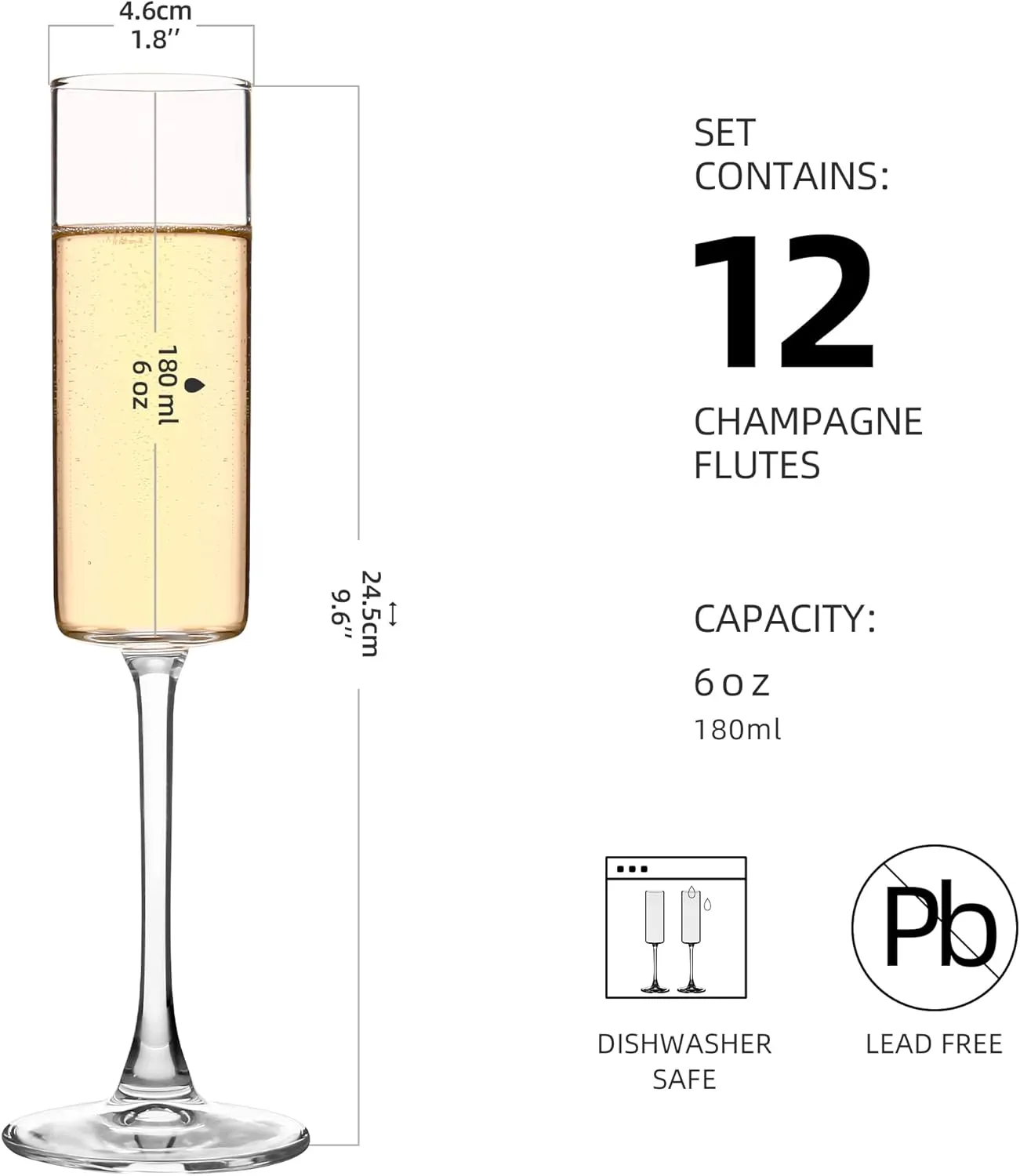 YANGNAY Cylinder Champagne Flutes, Champagne Flute Glass Set of 12, Clear Champagne glasses for Party, Home, Restaurant Use, 6 oz Capacity
