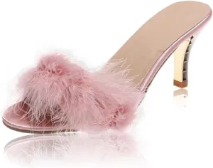 YIBLBOX Women's Round Toe Sandal Fluffy Feather Sexy Slippers Kitten Heeled Slippers
