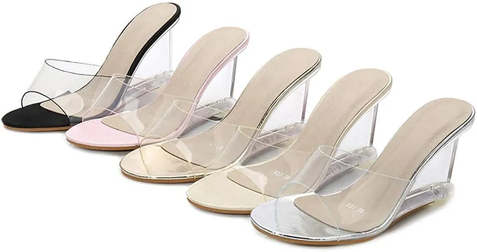 YIYA Women's Clear Wedge Sandals Transparent Open Toe Slip On Mule Lucite Heel Slide Dress Shoes