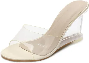 YIYA Women's Clear Wedge Sandals Transparent Open Toe Slip On Mule Lucite Heel Slide Dress Shoes