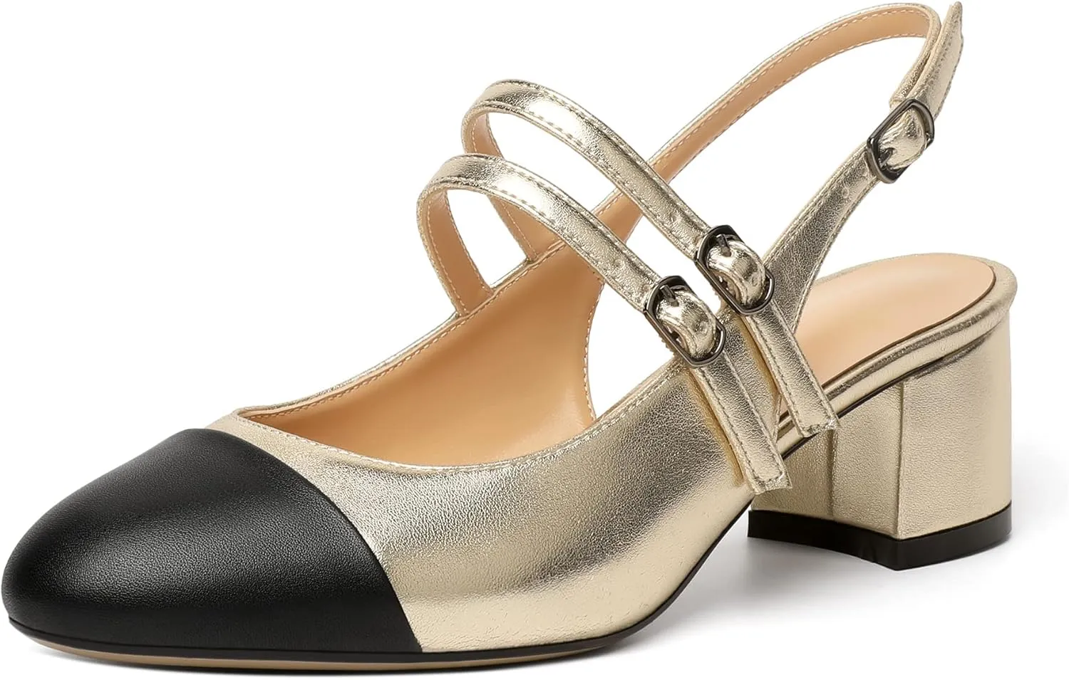 Zamikoo Women's Slingback Heels Round Cap Toe Low Block Heel Pumps with Adjustable Buckle, 2 Inches Heeled Sandals Office Dress Pumps Shoes
