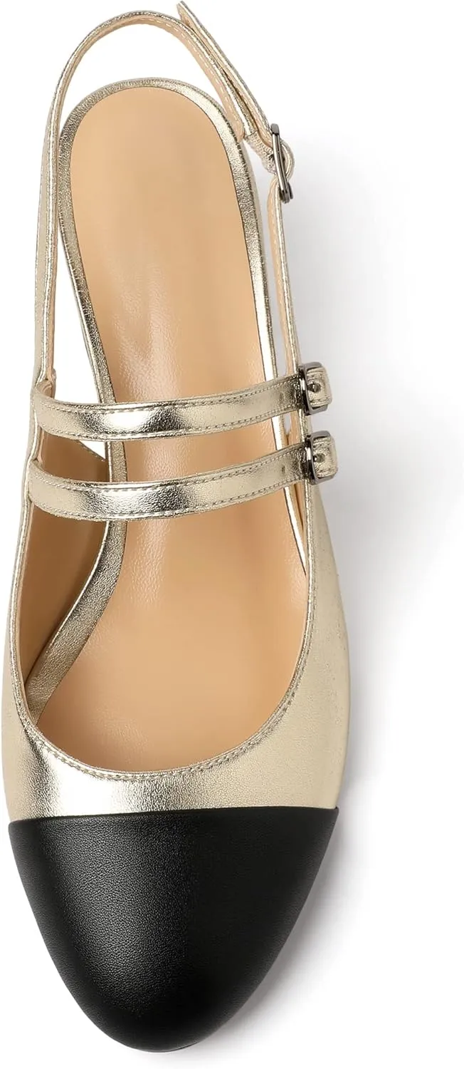 Zamikoo Women's Slingback Heels Round Cap Toe Low Block Heel Pumps with Adjustable Buckle, 2 Inches Heeled Sandals Office Dress Pumps Shoes