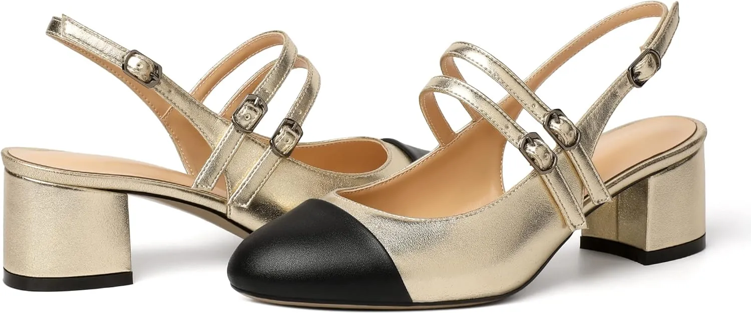 Zamikoo Women's Slingback Heels Round Cap Toe Low Block Heel Pumps with Adjustable Buckle, 2 Inches Heeled Sandals Office Dress Pumps Shoes